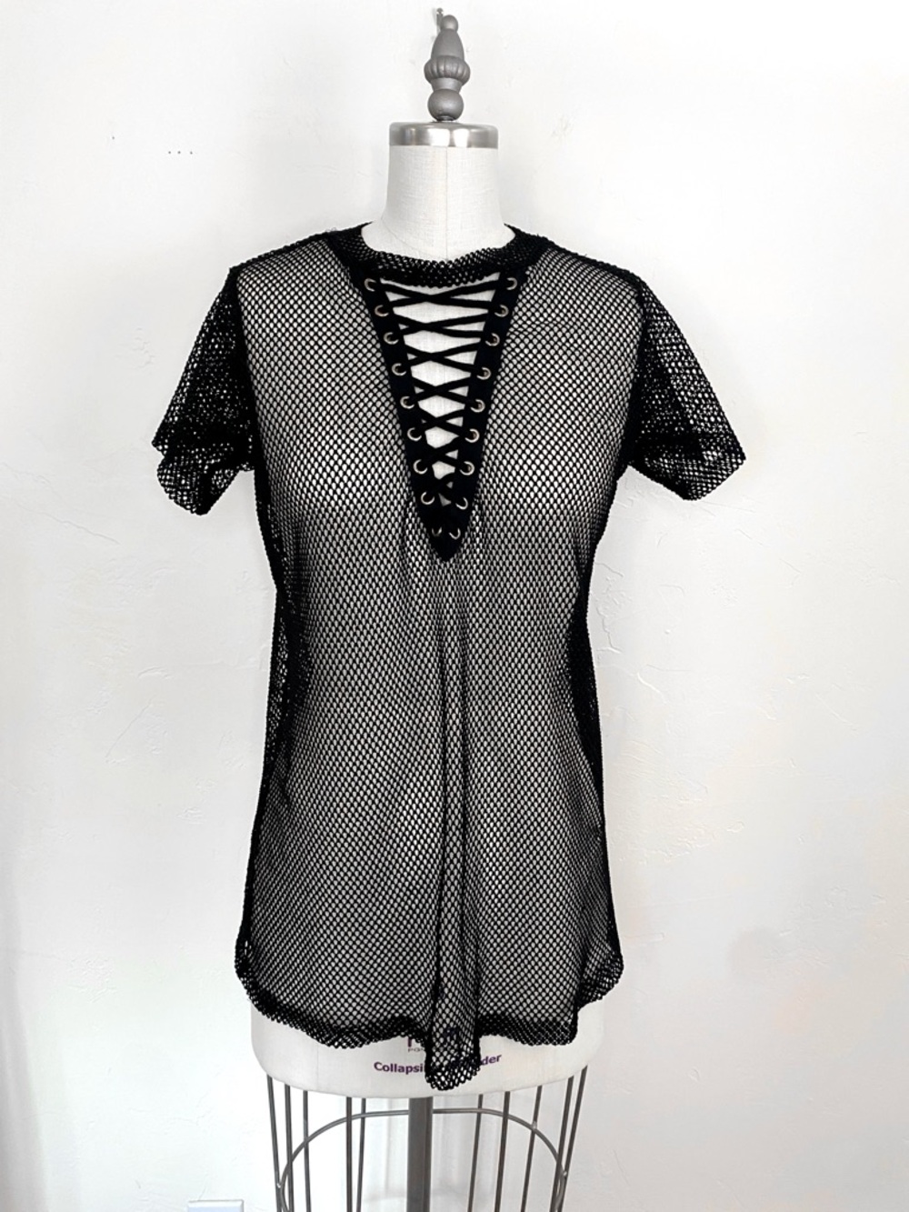 Black Mesh Crewneck Shirt Sheer Cover-up Lace-Up V-Neck Medium or Oversized Smal